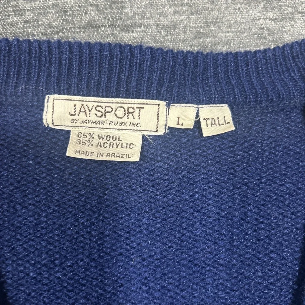 Vintage JaySport V Neck Cable Knit Sweater Mens L Tall Blue Wool Acrylic‎ Brazil